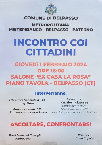 Locandina dell'incontro coi cittadini del 1 febbraio 2024 a Piano Tavola, Belpasso (CT) con il DG di FCE Fiore ed il deputato Zitelli.