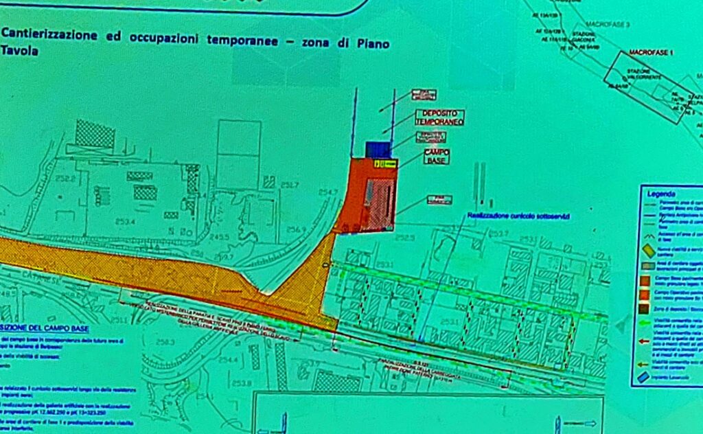 Mappa della canterizzazione e delle occupazioni temporanee a Piano Tavola per l'interramento della Circumetnea.
