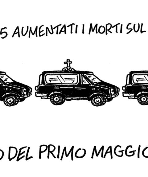 vignetta di Vauro sul primo maggio con corteo funebre di auto e scritta sull'aumento dei morti sul lavoro