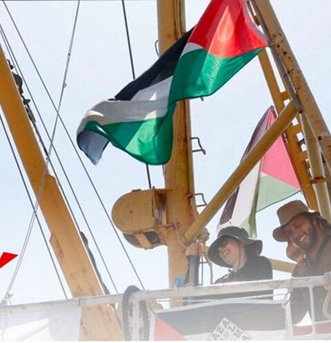 alberi della nave Madleen con bandiere palestinesi
