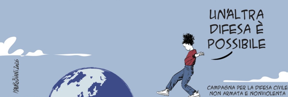 illustrazione di Mauro Biani con la scritta "un'altra difesa è possibile"